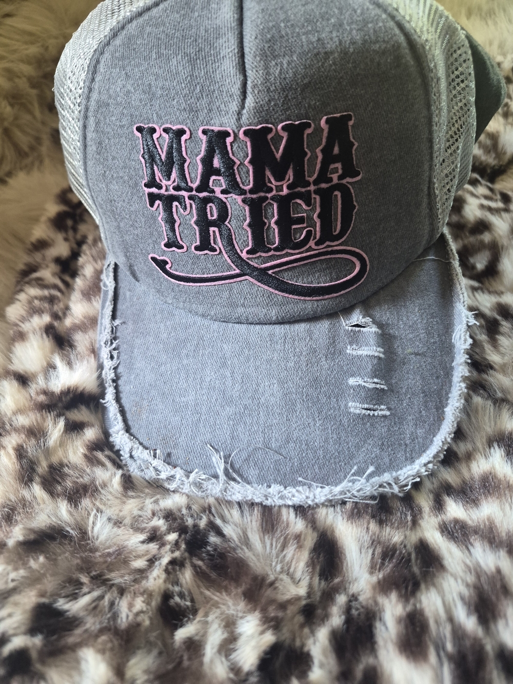 Mama Tried Grey Distressed Trucker Hat with Pink Accent